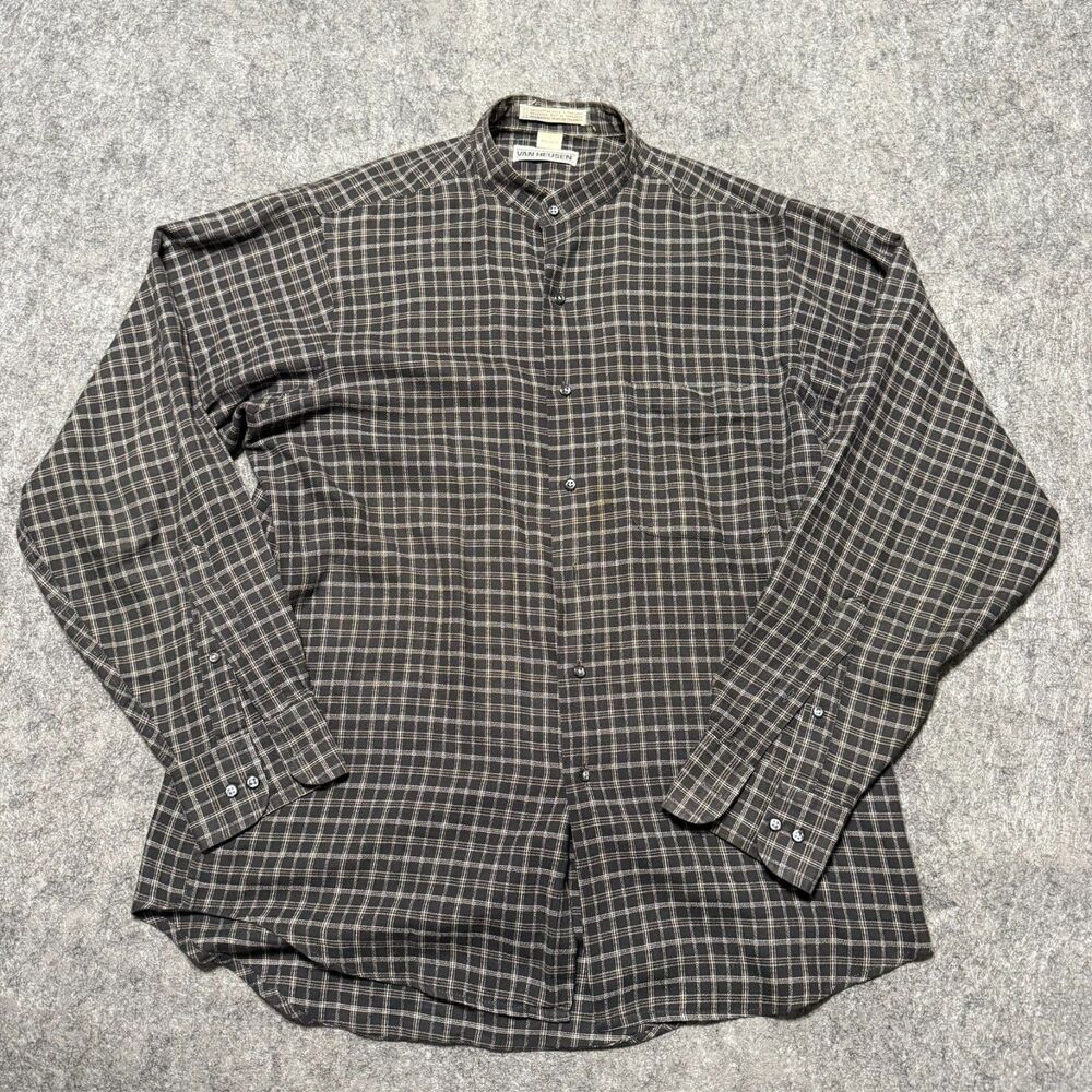Van Heusen Band Collar Dress Shirt Mens 15.5 34/35 Plaid Cotton Mandarin
